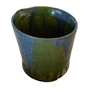Artisan Blue Green Pencil Make up brush Holder Rustic Primitive Drip Glaze